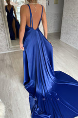 P1453 - Elegant Straps V-Neck High Slit Satin Long Evening Formal Dress with Train