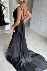 P1453 - Elegant Straps V-Neck High Slit Satin Long Evening Formal Dress with Train