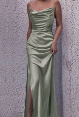 Simple Mermaid Spaghetti Straps Sage Green Long Prom Dress P1453