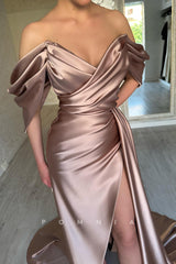 P1455 - Off-Shoulder V-Neck Side Slit Cap Sleeves Evening Formal Dress with Train