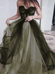 Vintage A Line Sweetheart Tulle Long Green Prom Dress P1457