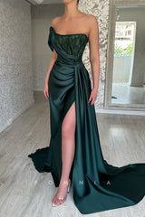 P1457 - Off-Shoulder Scoop Beading Sleeveless Pleats Long Evening Formal Prom Dress