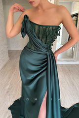 P1457 - Off-Shoulder Scoop Beading Sleeveless Pleats Long Evening Formal Prom Dress