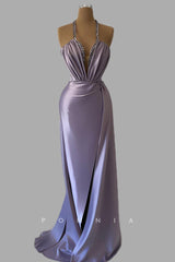 P1458 - Halter Deep V-Neck Beads A-Line Ruched High Slit Evening Formal Dress