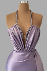 P1458 - Halter Deep V-Neck Beads A-Line Ruched High Slit Evening Formal Dress