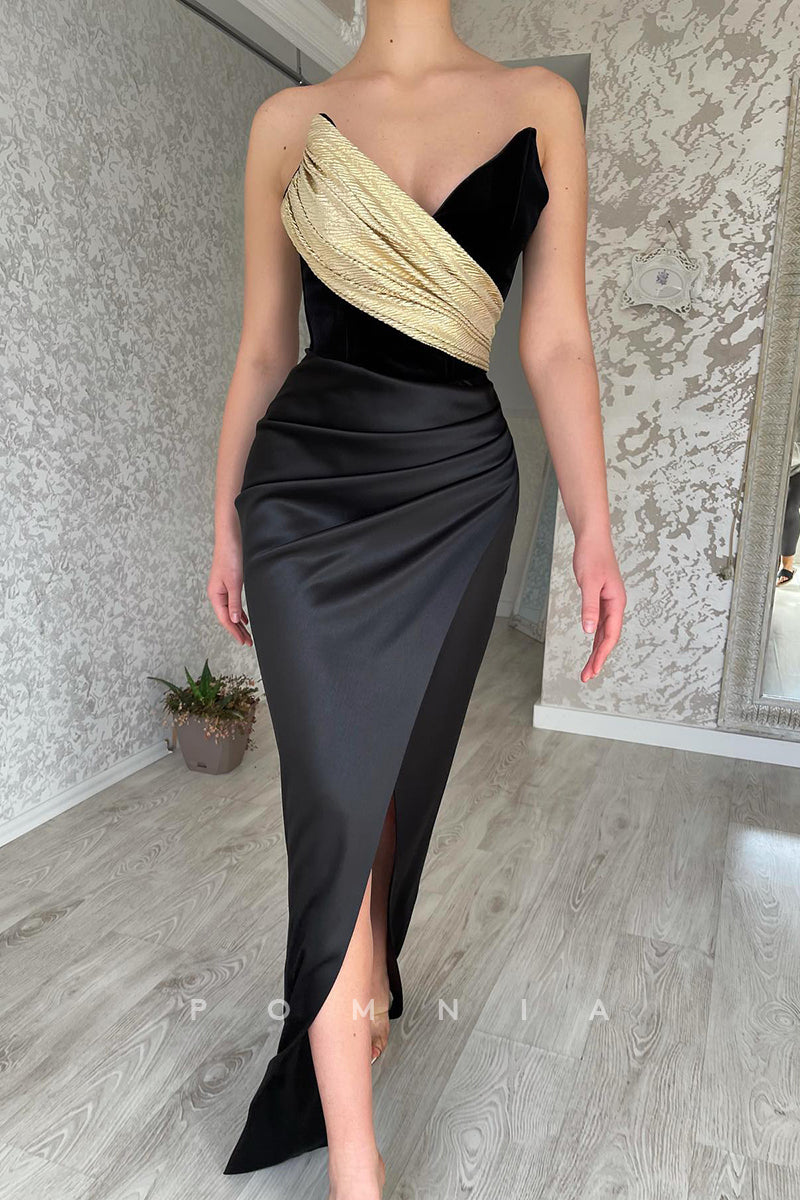 P1459 - Sheath/Column Strapless V-Neck Pleats Sleeveless Prom Party Dress with Split