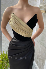 P1459 - Sheath/Column Strapless V-Neck Pleats Sleeveless Prom Party Dress with Split
