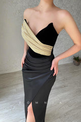 P1459 - Sheath/Column Strapless V-Neck Pleats Sleeveless Prom Party Dress with Split