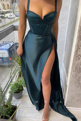 P1460 - A-Line Double Straps High Slit Satin Sleeveless Prom Formal Dress