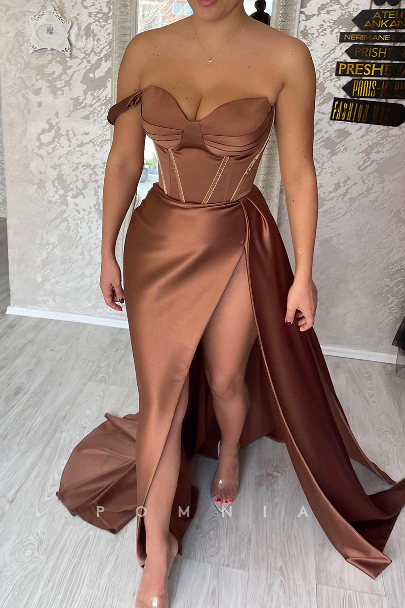 P1463 - Off-Shoulder Sweetheart A-Line High Split Long Evening Prom Party Dress
