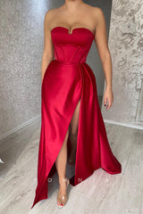 P1464 - A-Line Strapless Pleats Side Split Sleeveless Prom Party Evening Dress