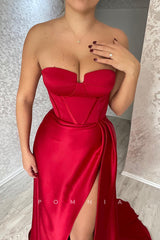 P1464 - A-Line Strapless Pleats Side Split Sleeveless Prom Party Evening Dress