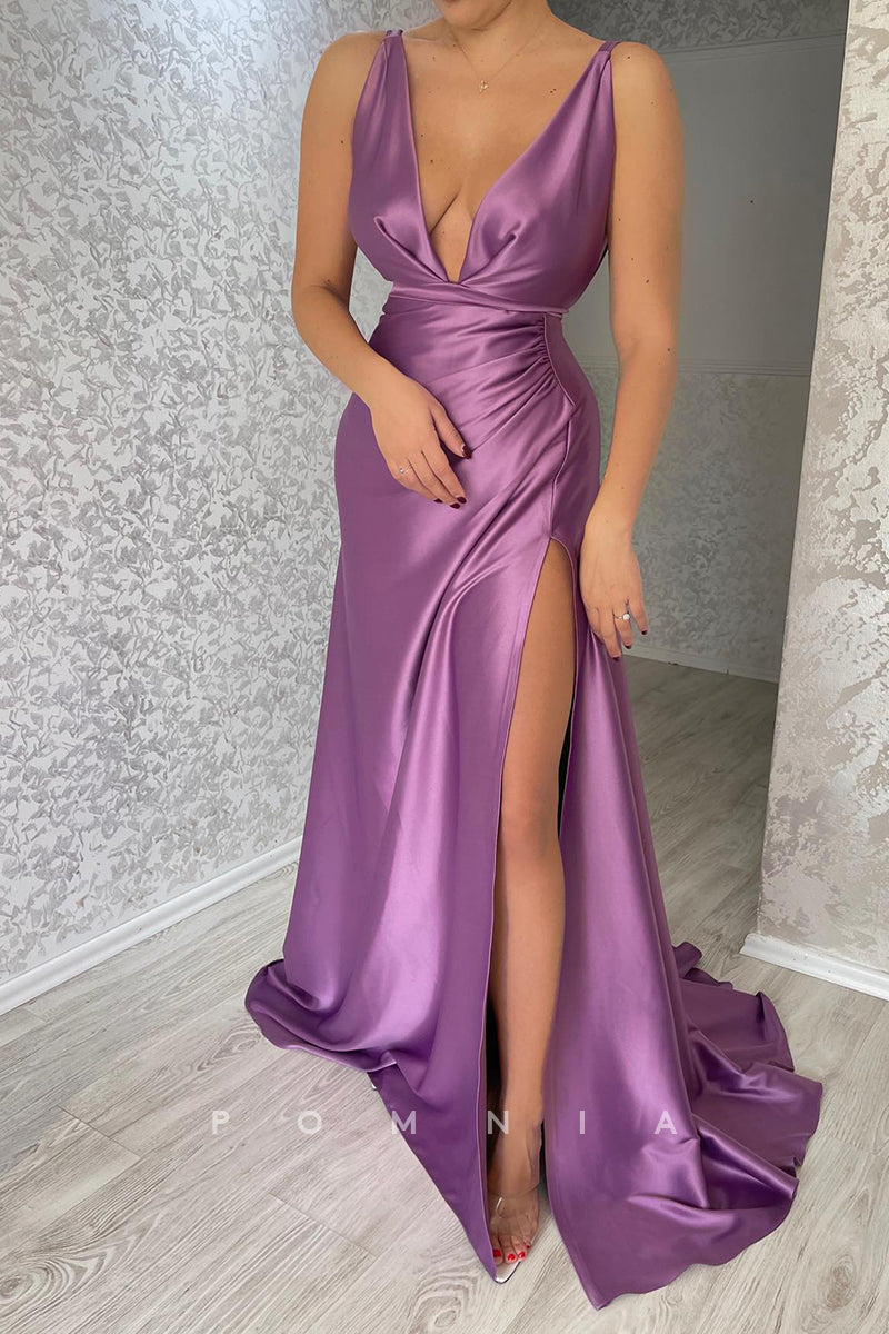 P1465 - Elegant V-Neck Pleats Sleeveelss Satin Long Evening Formal Dress with Split