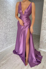 P1465 - Elegant V-Neck Pleats Sleeveelss Satin Long Evening Formal Dress with Split