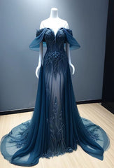 Vintage A Line Off The Shoulder Tulle Navy Blue Prom Dress P1465
