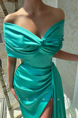 P1466 - Off-Shoulder Cap Sleeves Pleats Side Split Lonf Evening Formal Dress with Train