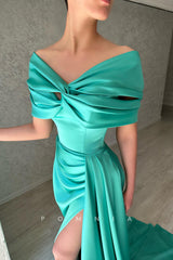 P1466 - Off-Shoulder Cap Sleeves Pleats Side Split Lonf Evening Formal Dress with Train
