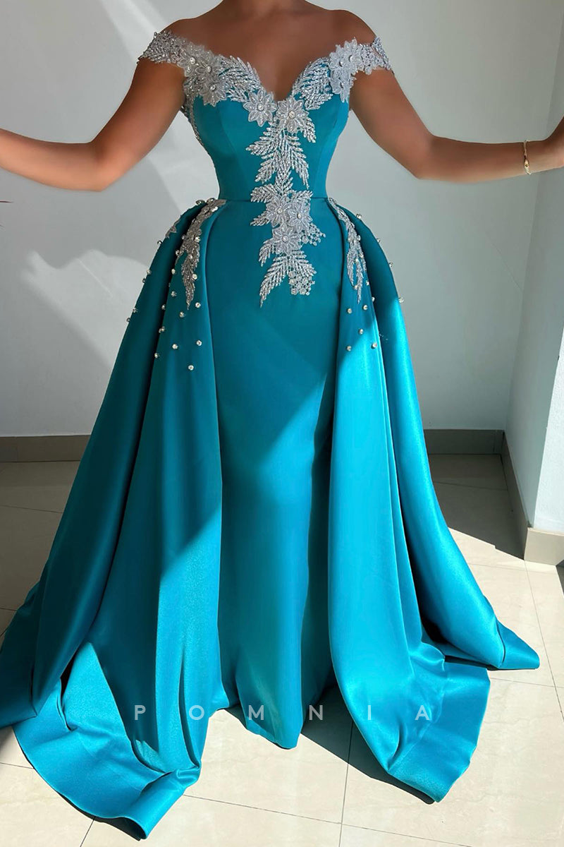 P1467 - Ball Gown Strapless V-Neck Cap Sleeves Beads Pleats Evening Formal Dress
