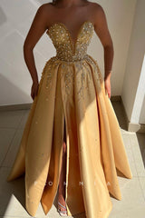 P1468 - Off-Shoulder V-Neck Sleeveless Beading High Split Pleated Evening Formal Dress