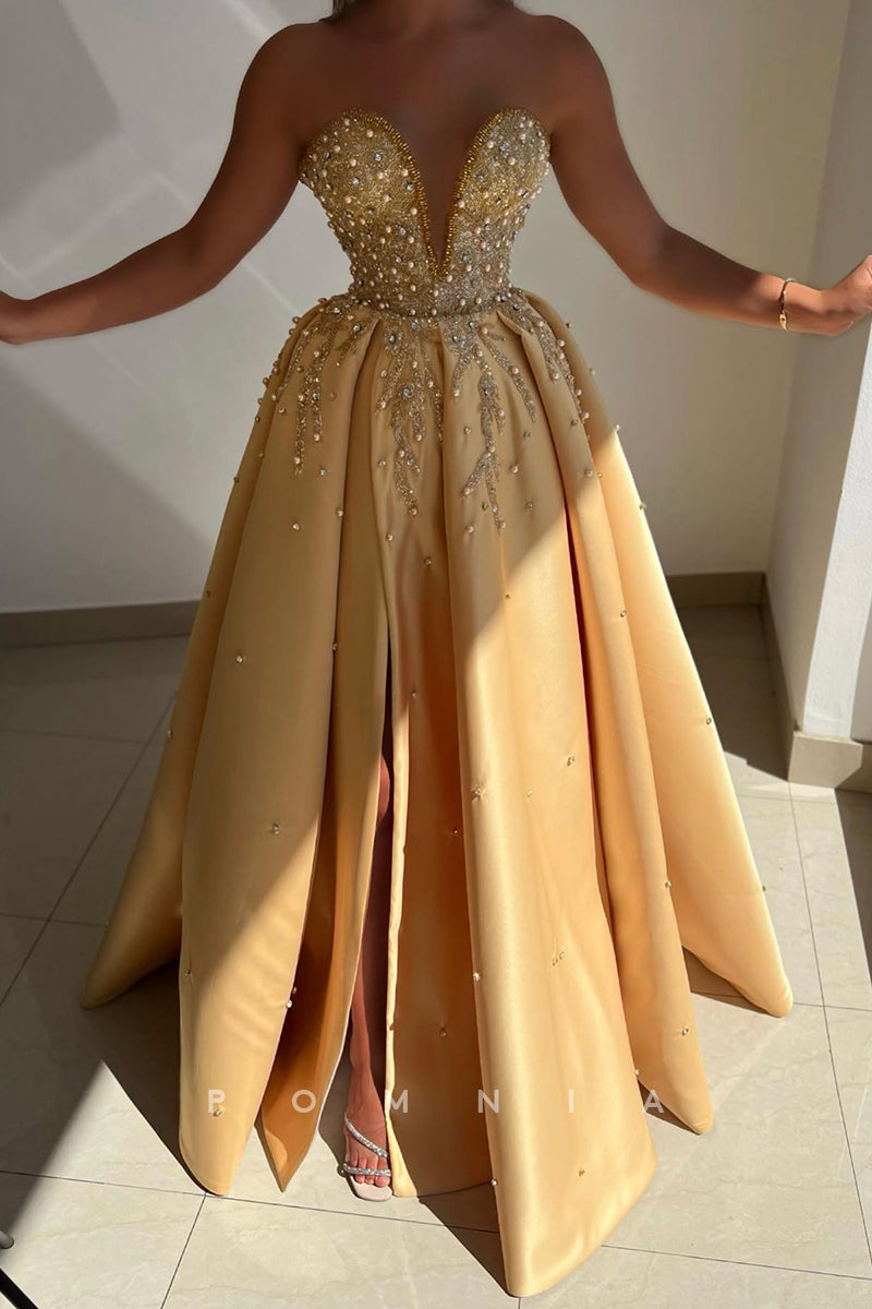 P1468 - Off-Shoulder V-Neck Sleeveless Beading High Split Pleated Evening Formal Dress