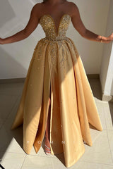 P1468 - Off-Shoulder V-Neck Sleeveless Beading High Split Pleated Evening Formal Dress
