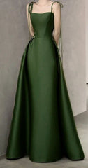 Simple A Line Straps Dark Green Satin Prom Dress P1468