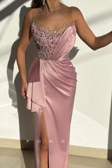 P1471 - Sheath/Column V-Neck Beads Straps Pleats Lone Prom Evening Party Dress with Slit