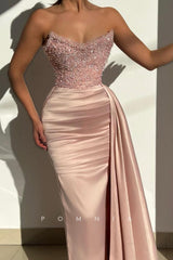 P1472 - Off-Shoulder V-Neck Beads Pleats Sleeevelss Long Evening Party Prom Dress