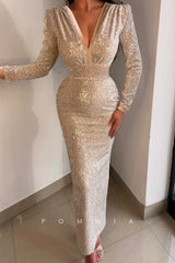 P1476 - Elegant V-Neck Full Sequins Long Sleeevs Sheath Prom Party Evening Dress