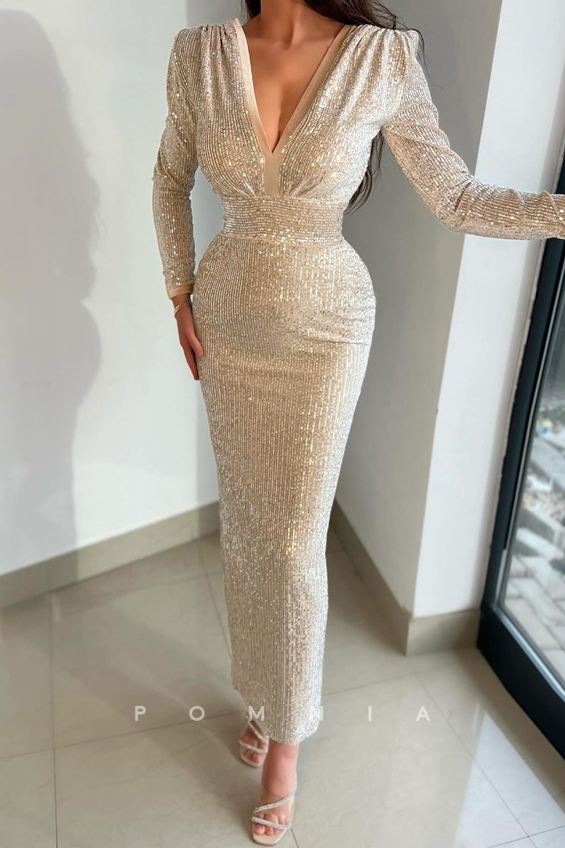 P1476 - Elegant V-Neck Full Sequins Long Sleeevs Sheath Prom Party Evening Dress