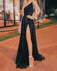Sexy A line One Shoulder Floor Length Black Sequin Prom Dresses P1478