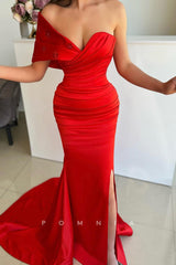P1478 - Strapless Cap Sleeves Mermaid Pleats Long Satin Evening Formal Dress