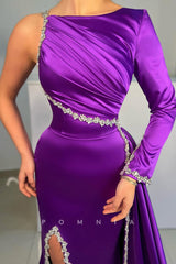 P1479 - Mature Long Sleeves Beads Side Split Satin Long Evening Formal Dress