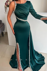 P1479 - Mature Long Sleeves Beads Side Split Satin Long Evening Formal Dress