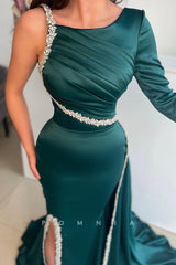 P1479 - Mature Long Sleeves Beads Side Split Satin Long Evening Formal Dress