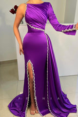 P1479 - Mature Long Sleeves Beads Side Split Satin Long Evening Formal Dress