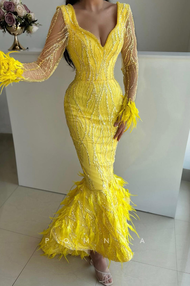 P1480 - Long Sleeves V-Neck Appliques Sheath Feathers Long Evening Formal Dress