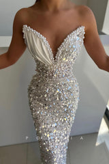 P1481 - Sparkly Pearls Strapless V-Neck Sequined Sleeveless Prom Party Evening Dress