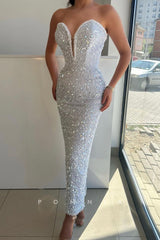 P1482 - Strapless Deep V-Neck Sequined Pearls Sleeveless Straight Prom Party Dress