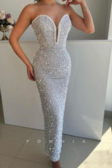 P1482 - Strapless Deep V-Neck Sequined Pearls Sleeveless Straight Prom Party Dress