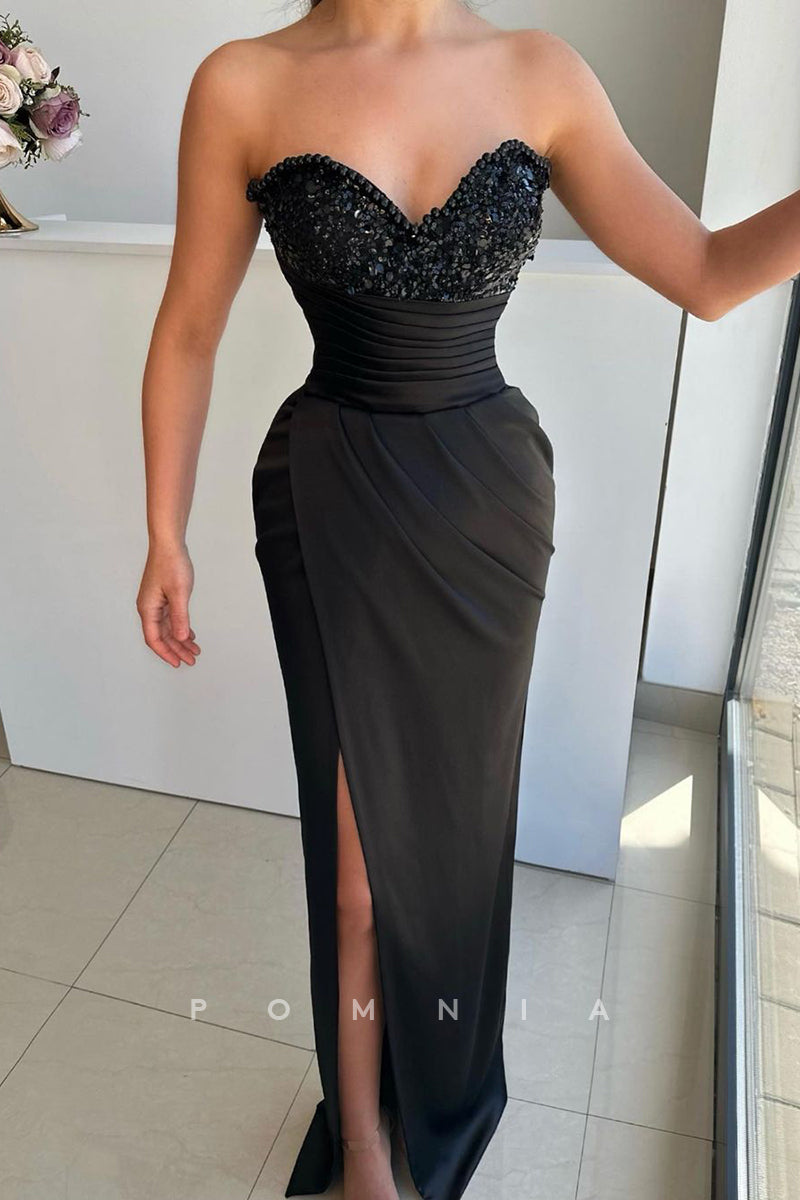 P1485 - Strapless V-Neck Top Beads Sleeveless Prom Evening Formal Dress with Split