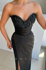 P1485 - Strapless V-Neck Top Beads Sleeveless Prom Evening Formal Dress with Split
