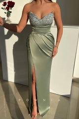 P1486 - Off-Shoulder V-Neck Beads Sleeveless Pleats Long Prom Evening Dress with Slit