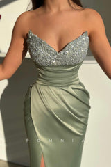 P1486 - Off-Shoulder V-Neck Beads Sleeveless Pleats Long Prom Evening Dress with Slit