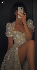 Sweet Short Sleeves Sequin Prom Dresses Slit Prom Gown P1488
