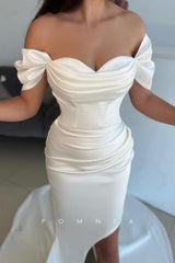 P1489 - Elegant Detachable Train Strapless Cap Sleeves Prom Party Evening Dress with Slit