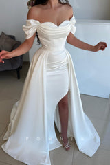P1489 - Elegant Detachable Train Strapless Cap Sleeves Prom Party Evening Dress with Slit
