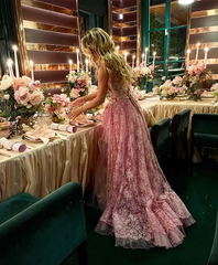 Sexy High Low Sleeveless Lace Pink Prom Dress P1490
