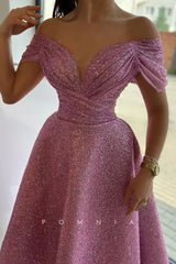 P1492 - A-Line Strapless V-Neck Sparkly Cap Sleeves Prom Party Formal Deress