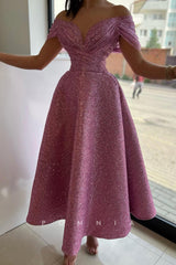 P1492 - A-Line Strapless V-Neck Sparkly Cap Sleeves Prom Party Formal Deress